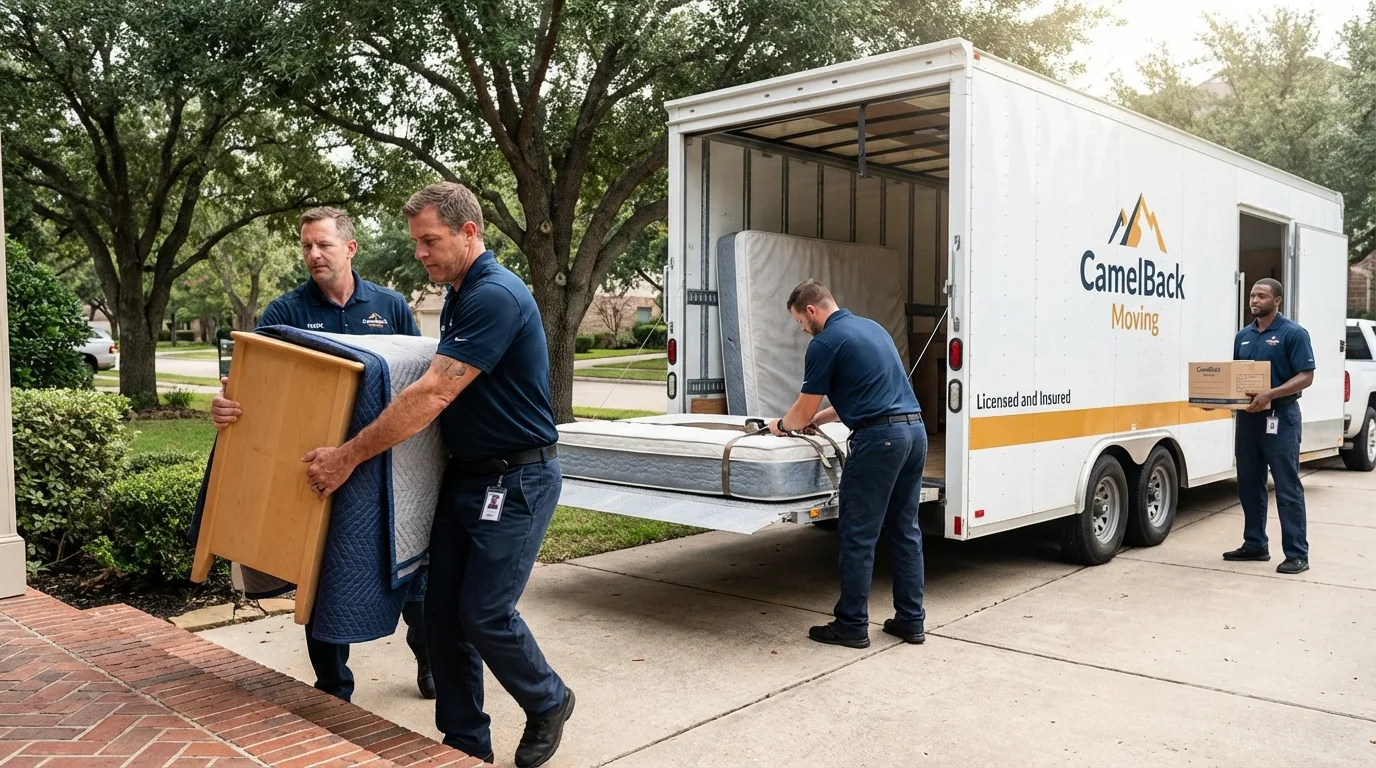 Crew loading residential truck for cross-state move from Des Arc, AR