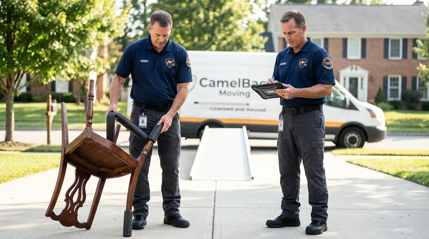 Movers inspecting furniture for damage prevention before loading in Des Arc, AR